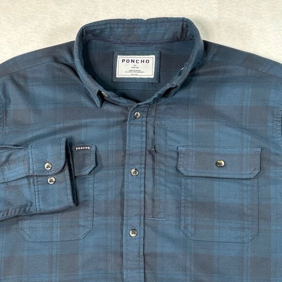 Poncho Flannel Shirt XL Slim Fit Blue Plaid Long Sleeve Button Up Fishing Casual - Picture 2 of 9
